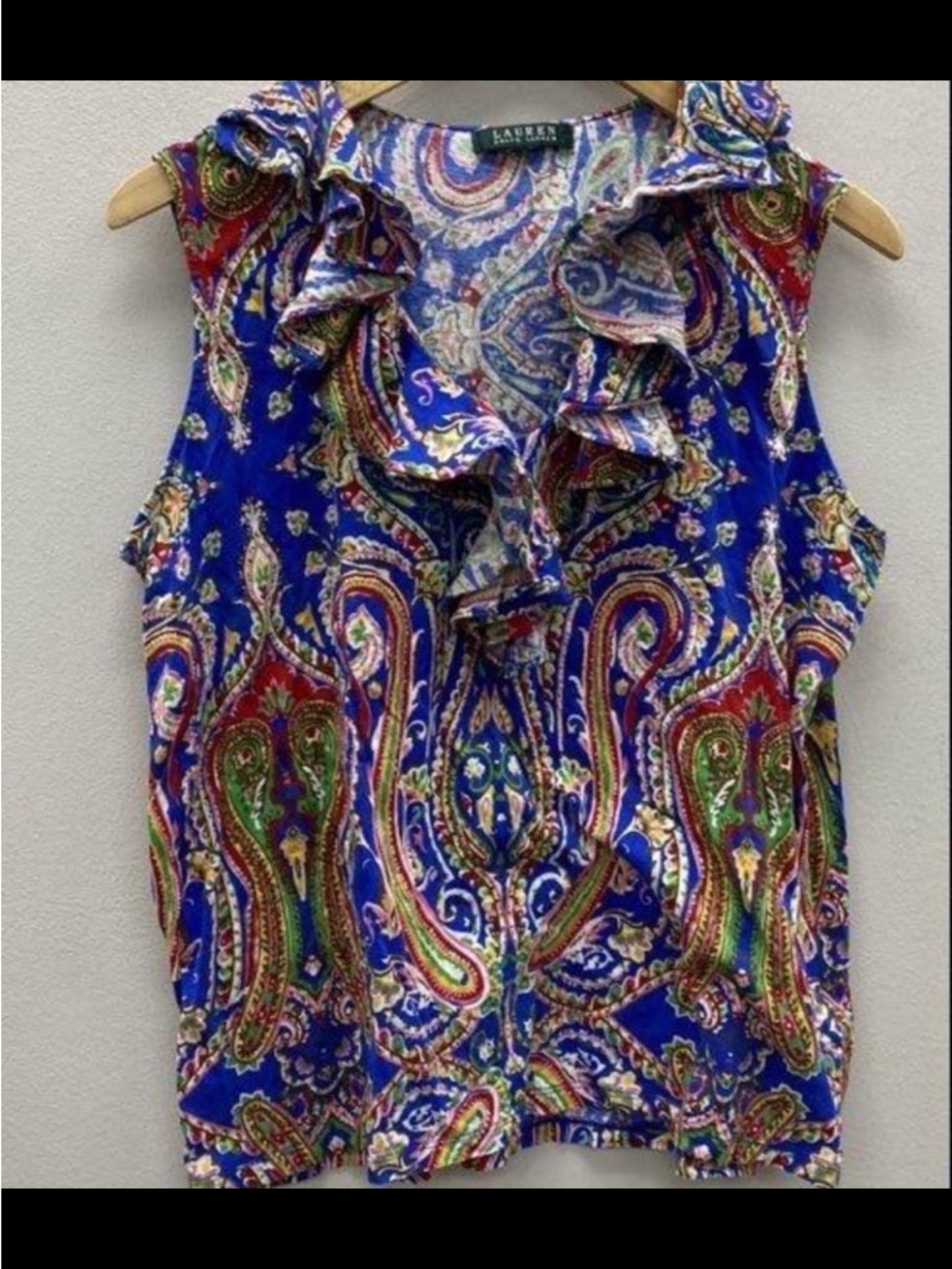 EUC Lauren Ralph Lauren Blue Multicolor Paisley Ruffle Blouse M